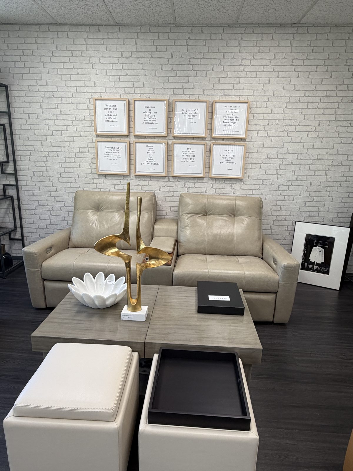 American Leather Style in Motion power-recliner seating in pale tan leather, displayed in the Haptor Barrett Los Angeles showroom