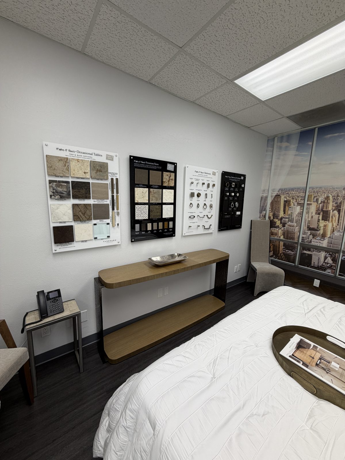 Vanguard Make-It-Yours occasional tables, premium faces, and hardware sample boards on display at Haptor Barrett